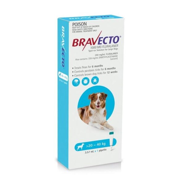 Bravecto 6 Month Protection Spot On for Large Dogs (20 - 40kg) Pipette X 1 - Blue