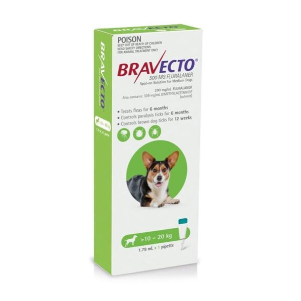Bravecto 6 Month Protection Spot On for Medium Dogs (10 - 20kg) Pipette X 1 - Green