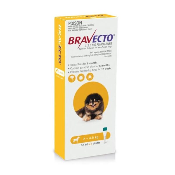 Bravecto 6 Month Protection Spot On for Very Small Dogs (2 - 4.5kg) Pipette X 1 - Yellow