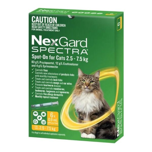 NexGard Spectra Spot On for Large Cats (2.5 - 7.5kg) 0.9ml X 6 - Yellow